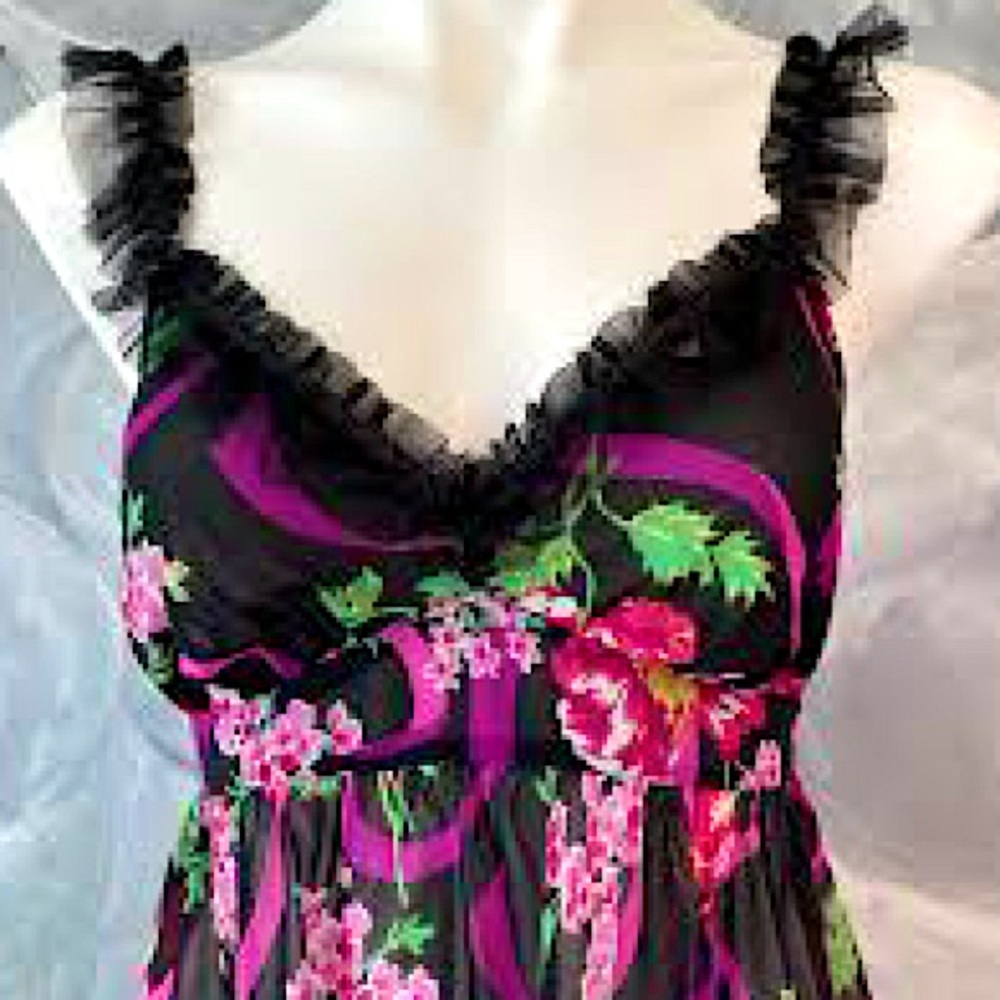 😍 NWT New Betsey Johnson Chiffon Sheer Black Floral Nightgown & Thong Large L